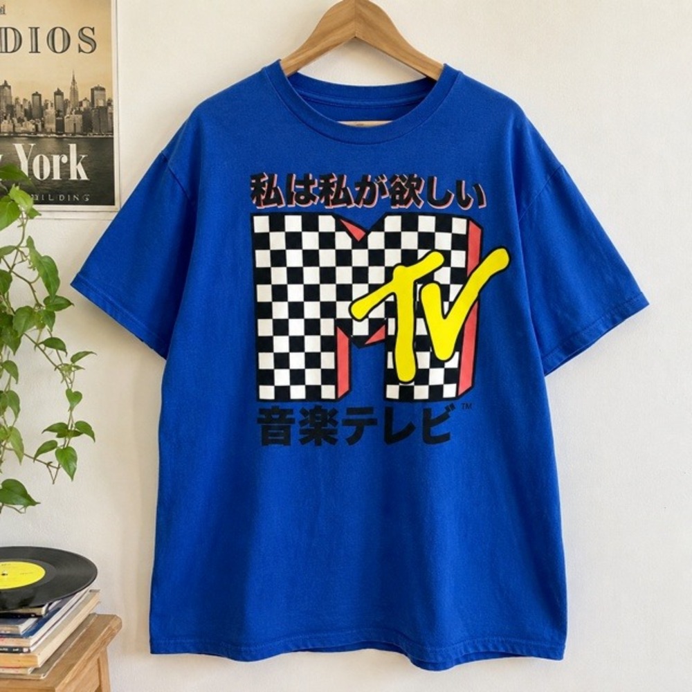 MTV Japanese Logo Graphic T Shirt Mens XL Blue Checkered Cotton‎ Streetwear - Picture 5 of 5